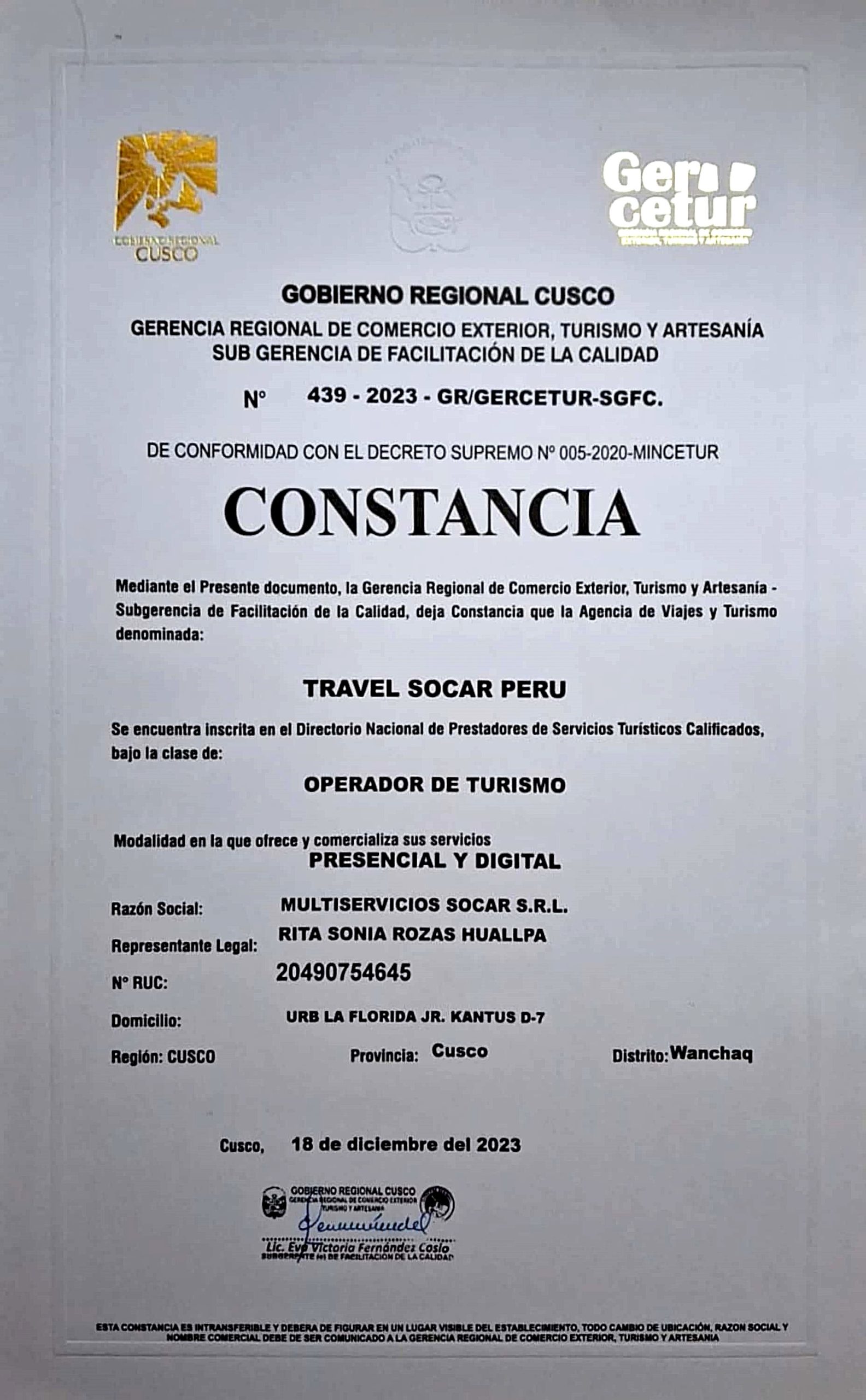Constancia de operador de turismo de Travel Socar Perú
