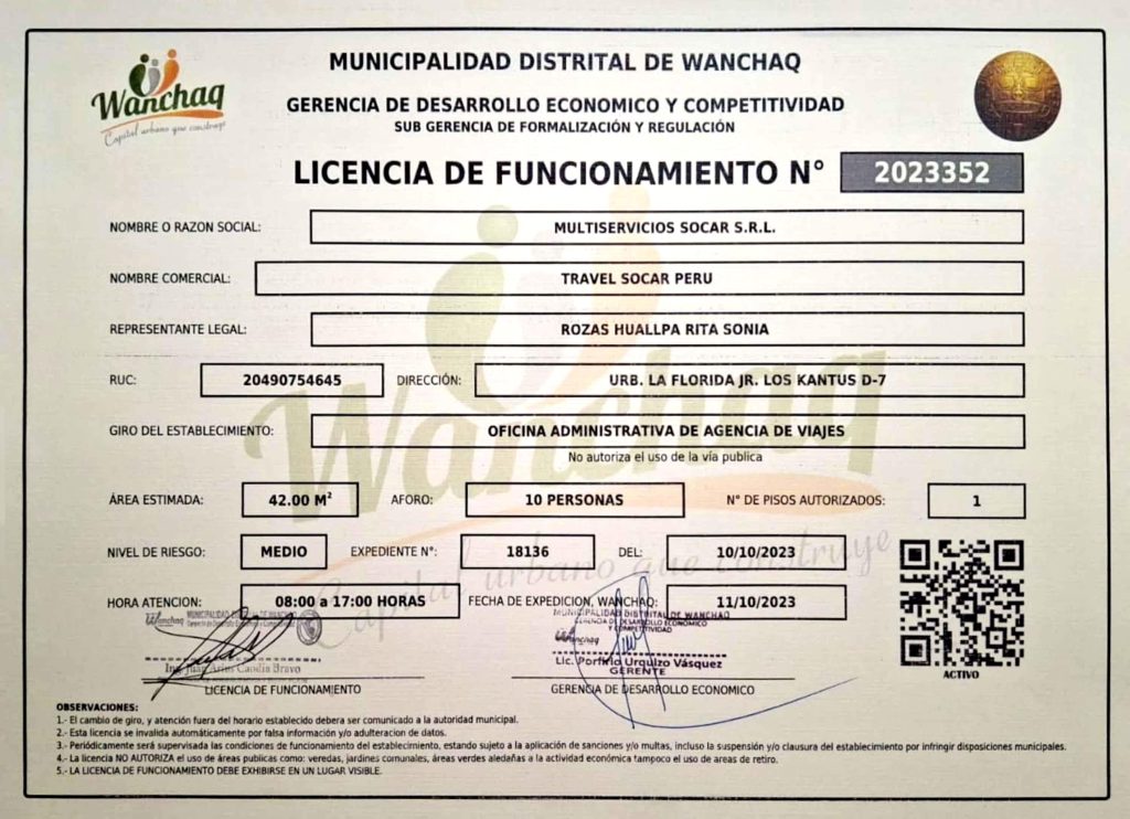 Licencia de funcionamiento municipal de Travel Socar Perú
