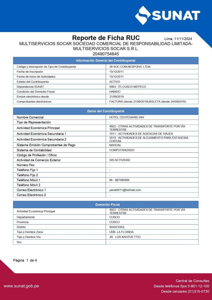 Ficha RUC de Travel Socar Perú